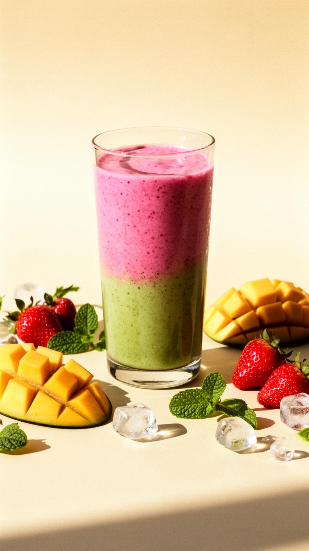 A pink and green layered T4 Smooth smoothie with mango and strawberries