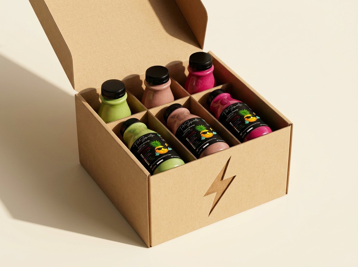 Branded smoothie box — 6-bottle arrangement