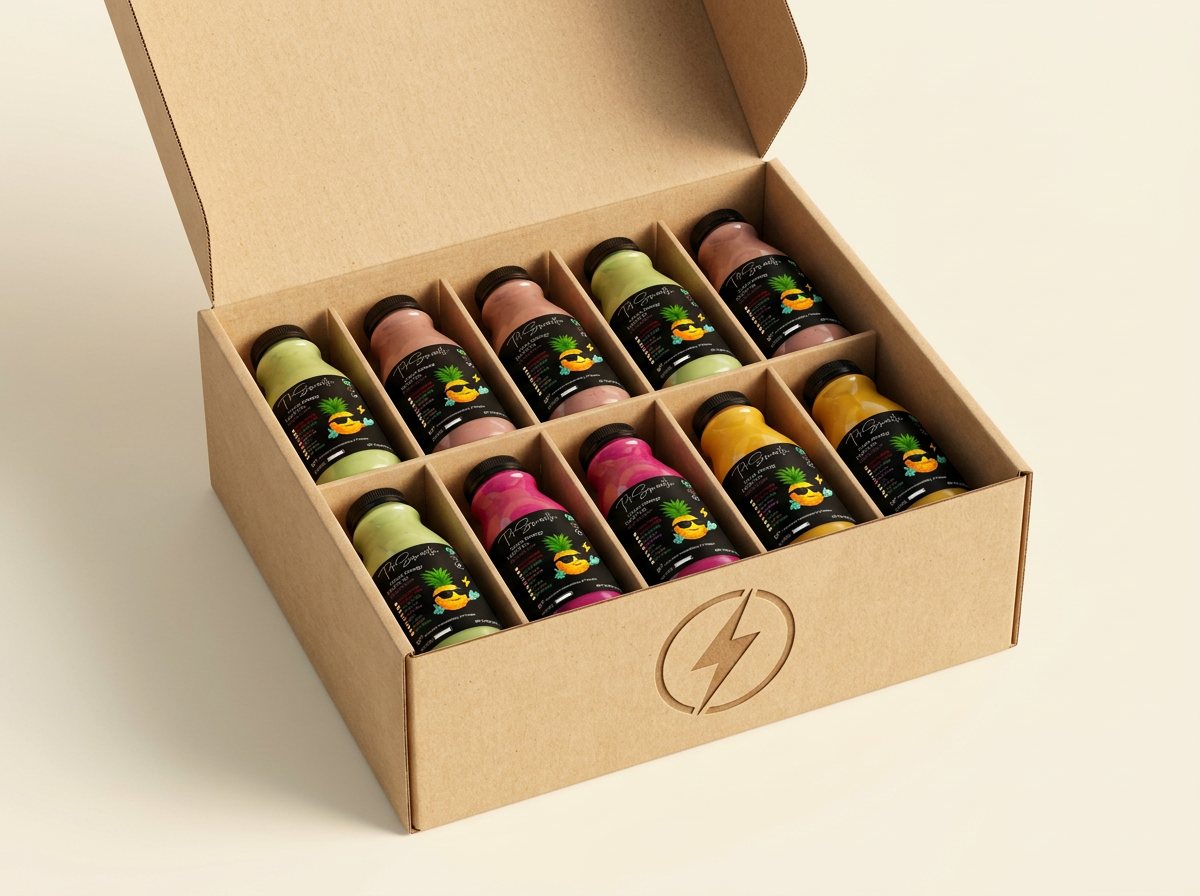 T4 Smooth branded PET smoothie bottles in an open lightning-bolt box
